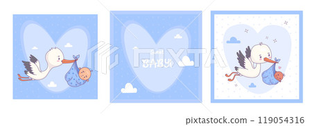 Cute flying stork with newborn baby boy. Funny square cards with cartoon bird kawaii character and arrival infant. Isolated Vector illustration. Kids collection. Cute flying stork with newborn baby boy. Funny square cards with cartoon bird kawaii character and arrival infant. Isolated Vector illustration. Kids collection. 119054316