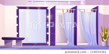 Fitting room in shop. Changing dress with mirror Fitting room in shop. Changing dress with mirror 119054362