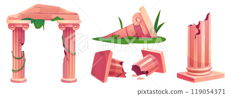 Ancient greek ruin set. Broken roman column vector 119054371