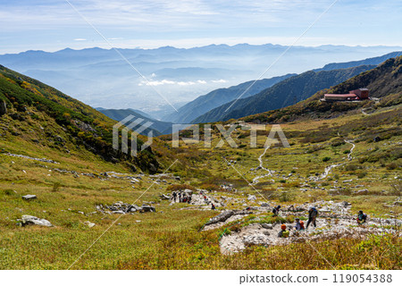 Climbing the Hacchozaka mountain trail to Senjojiki Cirque, looking back and seeing the Southern Alps from the cirque Climbing the Hacchozaka mountain trail to Senjojiki Cirque, looking back and seeing the Southern Alps from the cirque 119054388