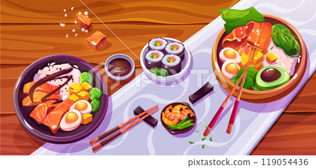 Tuna poke bowl. Avocado, rice and salmon plate. Tuna poke bowl. Avocado, rice and salmon plate. 119054436