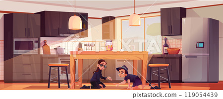 Children playing hide and seek in kitchen 119054439