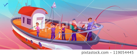 Fish boat in ocean with pink water illustration 119054445