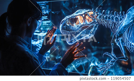 A scientist analyzes the hologram of a dinosaur skeleton. The concept emphasizes the use of advanced technology in paleontology and research. Generative AI. 119054507