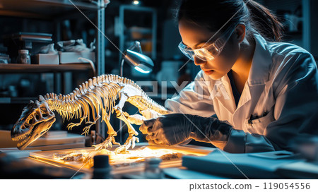 A scientist analyzes the hologram of a dinosaur skeleton. The concept emphasizes the use of advanced technology in paleontology and research. Generative AI. A scientist analyzes the hologram of a dinosaur skeleton. The concept emphasizes the use of advanced technology in paleontology and research. Generative AI. 119054556