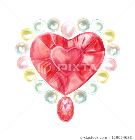 Crystal red heart surrounded with pearls hand-painted in watercolor. Brooch from precious faceted shine stone in the shape of heart. Illustration drawn of mother-of-pearl sea pearls and red gemstone Crystal red heart surrounded with pearls hand-painted in watercolor. Brooch from precious faceted shine stone in the shape of heart. Illustration drawn of mother-of-pearl sea pearls and red gemstone 119054628
