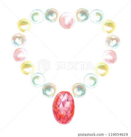 Pearl beads on the neck with pendant hand-painted in watercolor. Necklace with precious pearls are strung in heart shape and crystal red oval gem . Illustration drawn of mother-of-pearl sea pearls Pearl beads on the neck with pendant hand-painted in watercolor. Necklace with precious pearls are strung in heart shape and crystal red oval gem . Illustration drawn of mother-of-pearl sea pearls 119054629