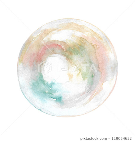 Mother-of-pearl pearls are hand-painted in watercolor. A river or sea pearl found in a shell has a rounded shape and an iridescent surface. Round shaped gemstone in rainbow color. It can be used in 119054632