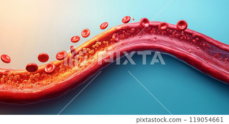 A 3D illustration of a cross-section of an artery showing red blood cells and cholesterol buildup, illustrating cardiovascular function and health. A 3D illustration of a cross-section of an artery showing red blood cells and cholesterol buildup, illustrating cardiovascular function and health. 119054661