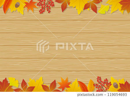 Illustration of a top and bottom frame with the image of autumn leaves_wood grain_horizontal 119054693