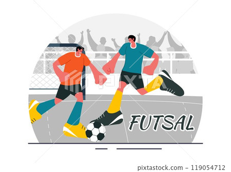 Futsal, Soccer, or Football Vector Illustration Featuring Players Shooting and Dribbling the Ball in a Championship Sports Scene with a Background 119054712