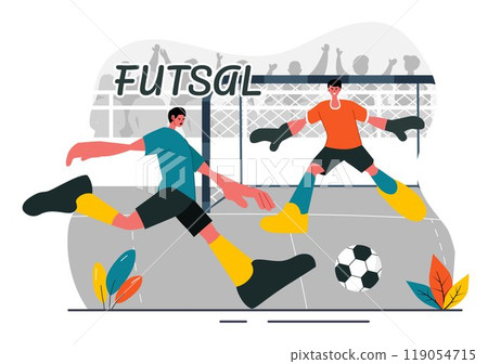 Futsal, Soccer, or Football Vector Illustration Featuring Players Shooting and Dribbling the Ball in a Championship Sports Scene with a Background 119054715