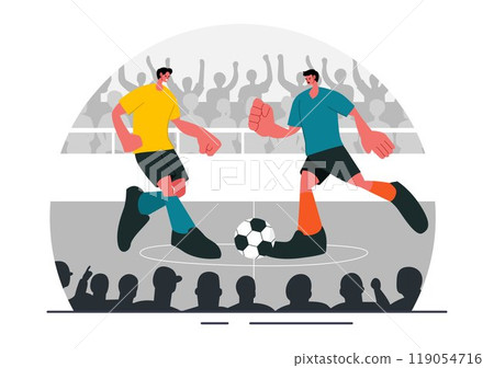 Futsal, Soccer, or Football Vector Illustration Featuring Players Shooting and Dribbling the Ball in a Championship Sports Scene with a Background 119054716