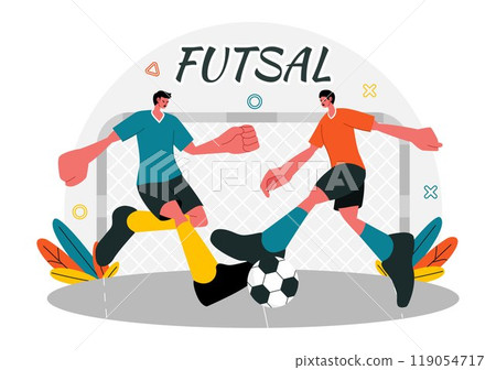 Futsal, Soccer, or Football Vector Illustration Featuring Players Shooting and Dribbling the Ball in a Championship Sports Scene with a Background 119054717