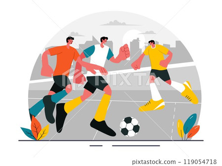 Futsal, Soccer, or Football Vector Illustration Featuring Players Shooting and Dribbling the Ball in a Championship Sports Scene with a Background Futsal, Soccer, or Football Vector Illustration Featuring Players Shooting and Dribbling the Ball in a Championship Sports Scene with a Background 119054718
