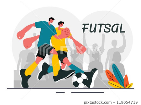 Futsal, Soccer, or Football Vector Illustration Featuring Players Shooting and Dribbling the Ball in a Championship Sports Scene with a Background 119054719