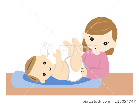Young mother changing her baby's diaper 119054747