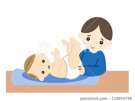 Young father changing his baby's diaper 119054748