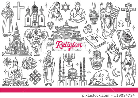 Religious people and objects from different faiths symbolize unity or belief in god. Hand drawn. 119054754
