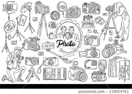 Photo cameras and lighting equipment or photographers from different eras. Hand drawn. 119054761
