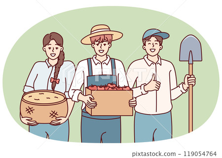 Woman and man dressed as farmers smiling rejoicing at harvest or good sales at agricultural fair Woman and man dressed as farmers smiling rejoicing at harvest or good sales at agricultural fair 119054764
