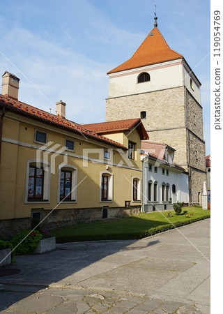 Cathedral bell tower in Zywiec city in Poland - vertical Cathedral bell tower in Zywiec city in Poland - vertical 119054769