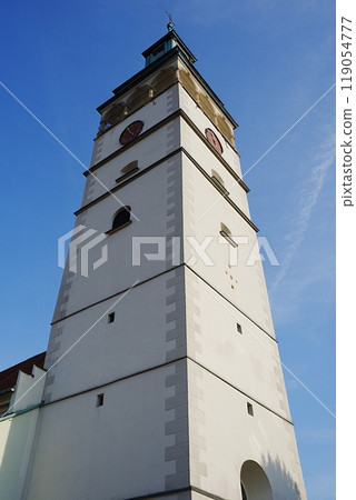 Tower of cathedral in Zywiec city in Poland - vertical Tower of cathedral in Zywiec city in Poland - vertical 119054777