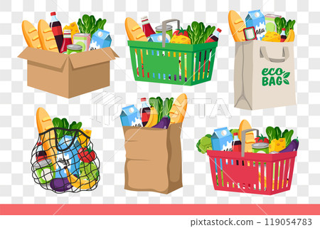 Food and groceries in cardboard boxes or bags and baskets from supermarket or grocery store 119054783