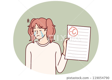 Unhappy crying teenage girl depressed because of negative mark on test or exam paper 119054790