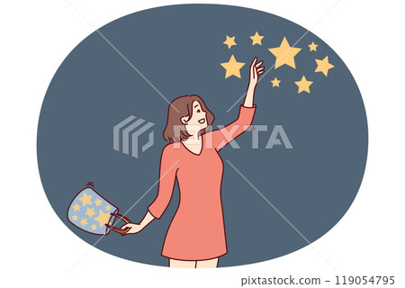 Happy woman collects stars from sky and folds bag for metaphor for finding success and good luck Happy woman collects stars from sky and folds bag for metaphor for finding success and good luck 119054795