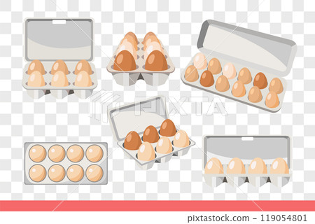 Trays with eggs, viewed from different angles, for design store selling farm products. 119054801