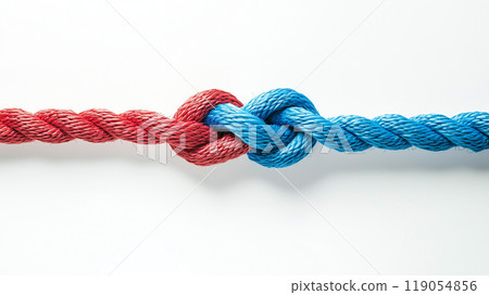 Red and blue ropes tied together in a knot, symbolizing unity amidst political conflict, cooperation, and intertwined destinies in a polarized political environment. 119054856