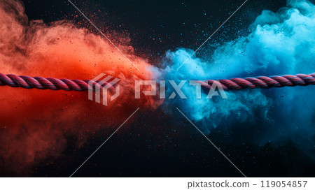 Red and blue ropes with explosive smoke effects, representing intense political conflict, division, and the clash of ideologies in the political landscape. 119054857
