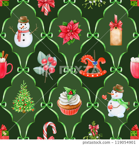 Christmas season festive decor seamless pattern. Hand drawn fir tree, mistletoe, snowman, winter sweets and treats. Winter time vintage style bright decor tile ornament seamless pattern design 119054901