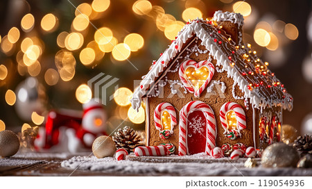 A beautifully decorated gingerbread house with candy canes, icing, and Christmas lights, surrounded by ornaments and pinecones, creating a cozy and magical holiday ambiance. 119054936