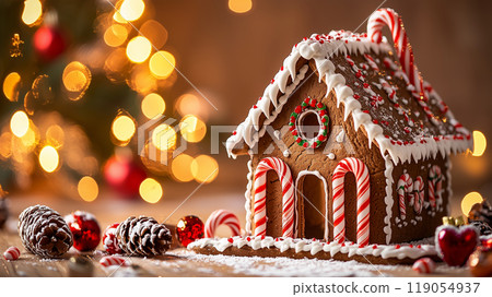 A gingerbread house adorned with candy canes, icing, and colorful candies. Surrounded by pinecones and Christmas lights, creating a warm and festive holiday atmosphere. 119054937