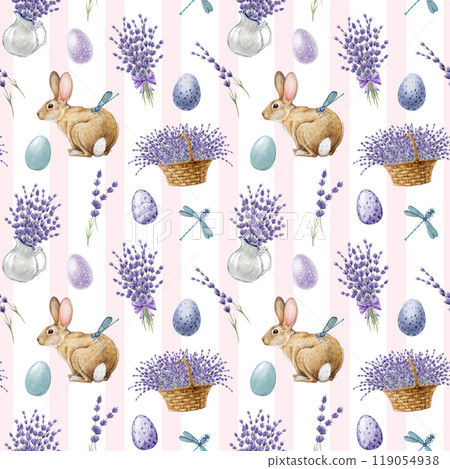 Easter bunny with lavender flowers seamless pattern. Watercolor vintage style illustration. Hand drawn cute bunny, painted eggs, lavender. Easter festive decor element with rabbit in tender colors 119054938