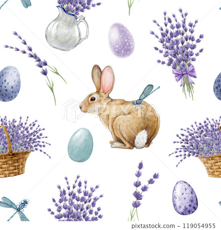 Easter bunny decor seamless pattern with lavender flowers in tender colors. Watercolor vintage style illustration. Cute little bunny, painted eggs, lavender pattern on white background Easter bunny decor seamless pattern with lavender flowers in tender colors. Watercolor vintage style illustration. Cute little bunny, painted eggs, lavender pattern on white background 119054955