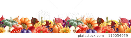 Autumn season pumpkins and fruit seamless border decor. Watercolor illustration. Ripe pumpkins, fruit, bright fallen leaves, berries, autumn flowers decor element on white background Autumn season pumpkins and fruit seamless border decor. Watercolor illustration. Ripe pumpkins, fruit, bright fallen leaves, berries, autumn flowers decor element on white background 119054959