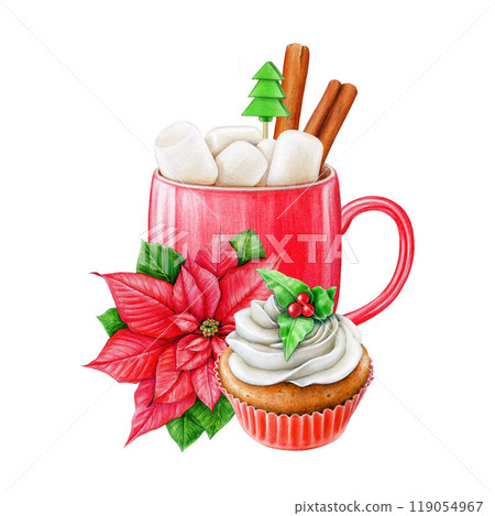 Winter time hot chocolate in mug with marshmallows and cupcake with wiped cream. Vintage style food illustration decorated with Christmas decor. Winter season traditional sweet treats isolated 119054967