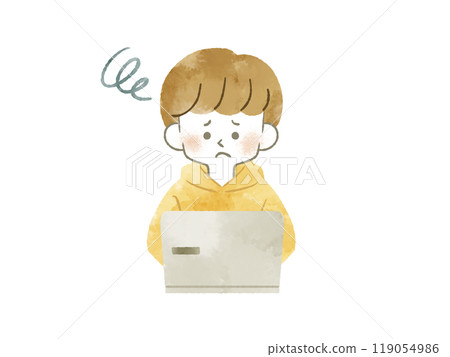 A man using a laptop with a troubled expression - watercolor 119054986