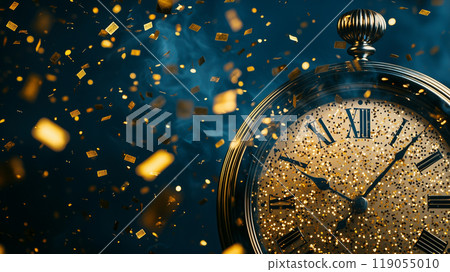 Close-up of a golden vintage clock with Roman numerals, floating confetti, and a dark background, representing celebration, time, and the passage of moments. 119055010