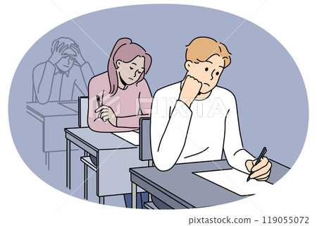 Distressed students write on exam in school Distressed students write on exam in school 119055072