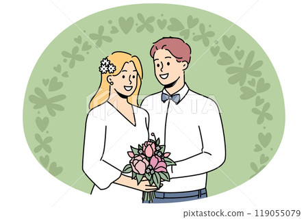 Smiling bride and groom near wedding arch Smiling bride and groom near wedding arch 119055079