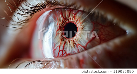 Extreme close-up of a human eye with visible blood vessels, emphasizing intricate detail of the iris, sclera, and surrounding veins, conveying intensity and precision. 119055090