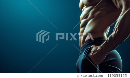 A close-up side profile of a muscular male torso with well-defined abs, showcasing fitness, strength, and the dedication to bodybuilding and a disciplined exercise routine. 119055135