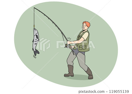 Smiling fisherman catching fish on rod 119055139