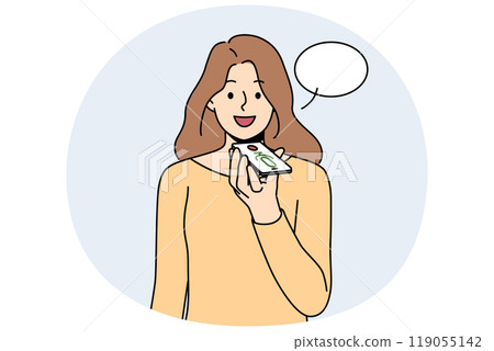 Smiling woman record voice message on phone Smiling woman record voice message on phone 119055142