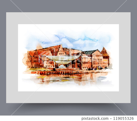 City panorama with river bank and red brick buildings on wall art. Watercolor artwork City panorama with river bank and red brick buildings on wall art. Watercolor artwork 119055326