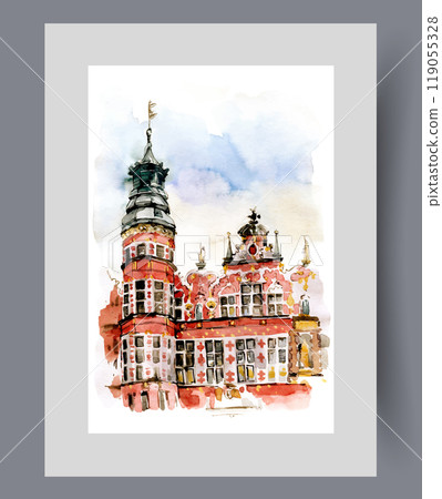 Old red building with tower with flag on top under blue sky on print. Watercolor artwork 119055328